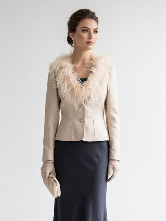 Victor Costa Jackets & Blazers - Victor Costa Feather Trim Brocade Jacket Ivory Champagne Embellished Size 8